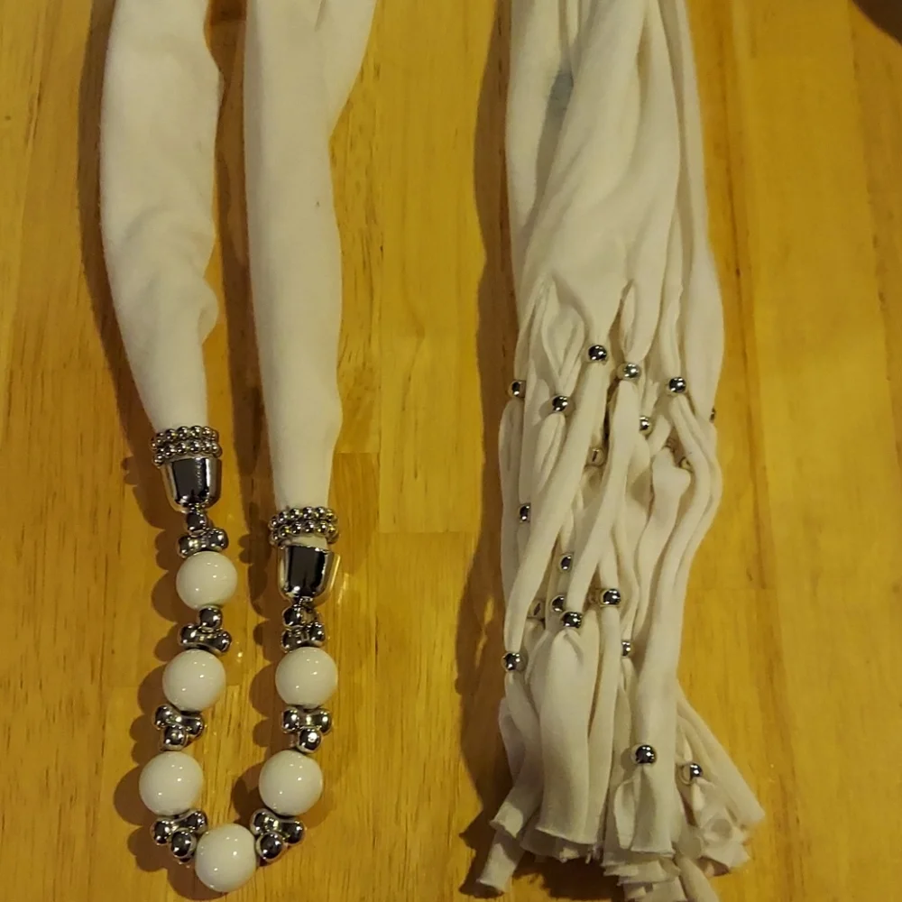 White fabric rope tie belt tassel fringe bead‎